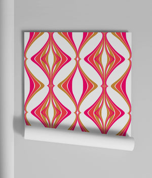 Hourglass wallpaper by Liberty James Studio in pink, roll showing a retro hourglass wave