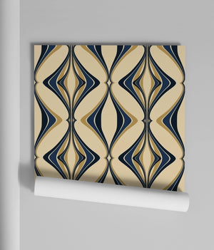 Hourglass wallpaper by Liberty James Studio in navy and gold, roll showing a retro hourglass wave