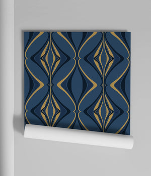 Hourglass wallpaper by Liberty James Studio in navy and gold, a retro hourglass wave in a living room