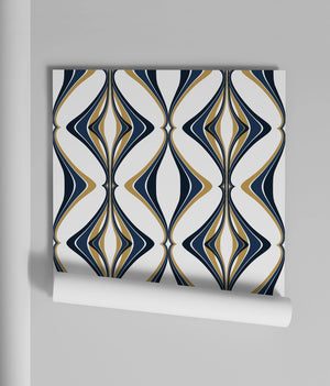 Hourglass wallpaper by Liberty James Studio in teal and gold, partly unrolled roll showing a retro hourglass wave
