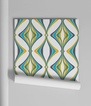 Hourglass wallpaper by Liberty James Studio in turquoise and yellow, roll showing a retro hourglass wave