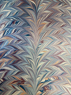 Foxtail Woodstock wallpaper by House of Amitié in blue and gold, full repeat of combed marbling