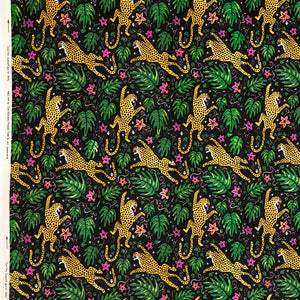 How the Leopard Got His Spots velvet by The Monkey Puzzle Tree in green and orange, full repeat