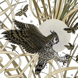 Horned Owl wallpaper by Tamlyn in white, flat sample of horned owls in flight