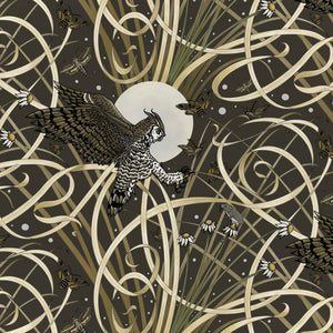 Horned Owl wallpaper by Tamlyn in black, pattern sample of horned owls in flight