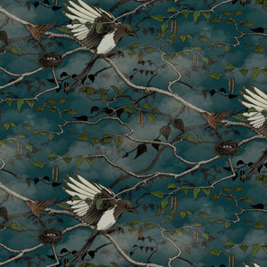 Magpie Storm wallpaper by Tamlyn in blue-green and black, full repeat of magpies in flight