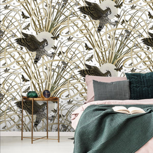 Horned Owl wallpaper by Tamlyn in white, horned owls in flight in a bedroom
