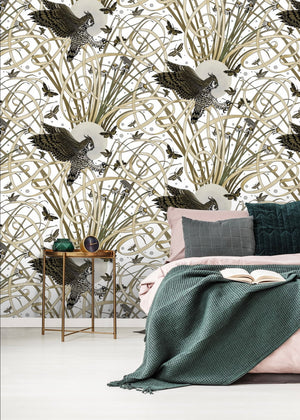 Horned Owl wallpaper by Tamlyn in white, horned owls in flight in a bedroom