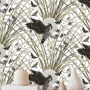 Horned Owl wallpaper by Tamlyn in white, full repeat of horned owls in flight