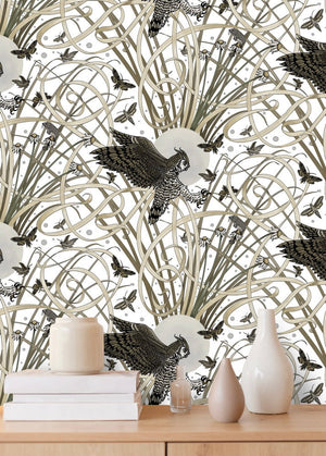 Horned Owl wallpaper by Tamlyn in white, full repeat of horned owls in flight