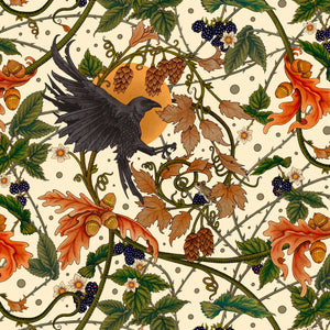 Raven wallpaper by Tamlyn in ivory, flat sample of ravens among autumn leaves