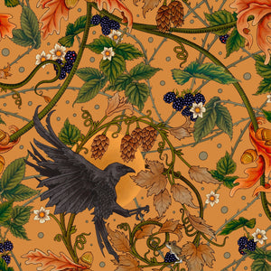 Raven wallpaper by Tamlyn in orange, full repeat of ravens among autumn leaves