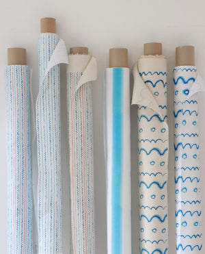 Sail Ahoy linen by Seed Home Designs in blue, roll showing fine nautical stripes