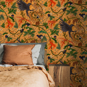 Raven wallpaper by Tamlyn in orange, ravens among autumn leaves in a bedroom