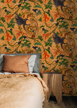 Raven wallpaper by Tamlyn in orange, ravens among autumn leaves in a bedroom