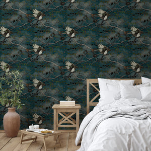 Magpie Storm wallpaper by Tamlyn in blue-green and black, magpies in flight in a bedroom
