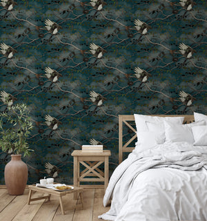 Magpie Storm wallpaper by Tamlyn in blue-green and black, magpies in flight in a bedroom