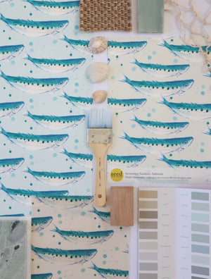 Swimming Sardines fabric by Seed Home Designs in blue and white, swimming sardines in a styled room setting