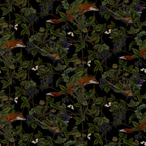 Fox Midnight wallpaper by Tamlyn in black and green, full repeat of foxes among foliage