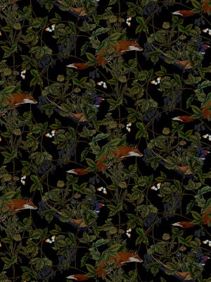 Fox Midnight wallpaper by Tamlyn in black and green, full repeat of foxes among foliage
