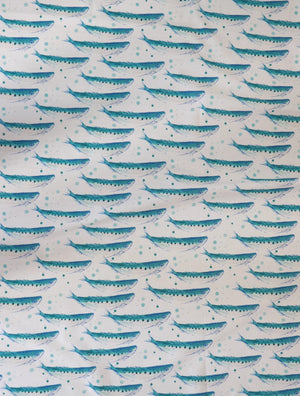 Swimming Sardines fabric by Seed Home Designs in blue and white, full repeat of swimming sardines