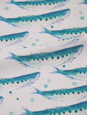 Swimming Sardines fabric by Seed Home Designs in blue and white, roll showing swimming sardines