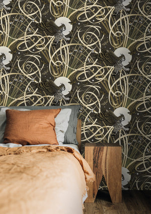 Horned Owl wallpaper by Tamlyn in black, horned owls in flight behind a bed
