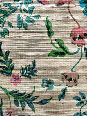 Eversley Grasscloth grasscloth by Parker and Jules in green and pink, pattern sample of trailing roses