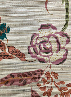Eversley Grasscloth grasscloth by Parker and Jules in pink and brown, in soft folds showing trailing roses
