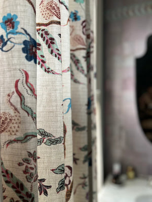 Eversley linen by Parker and Jules in cream and teal, trailing roses made into curtains