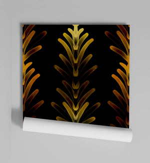 Copper Coral wallpaper by Liberty James Studio in black and gold, art deco coral fans behind a console table