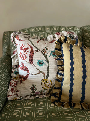 Eversley linen by Parker and Jules in beige, trailing roses made into a cushion