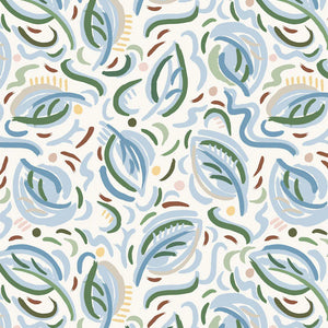 Igor wallpaper by Claire de Quénetain in blue, full repeat of leafy sprigs