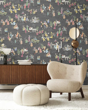 Instrumental wallpaper by Brand McKenzie in charcoal, musicians and instruments behind a console table