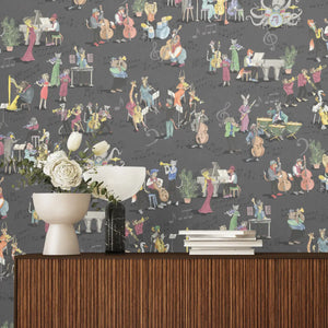 Instrumental wallpaper by Brand McKenzie in charcoal, musicians and instruments above a sideboard