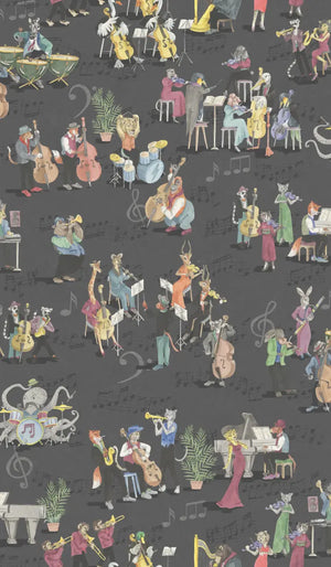 Instrumental wallpaper by Brand McKenzie in charcoal, close-up of musicians and instruments
