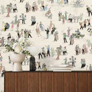 Instrumental wallpaper by Brand McKenzie in terracotta, musicians and instruments in a living room