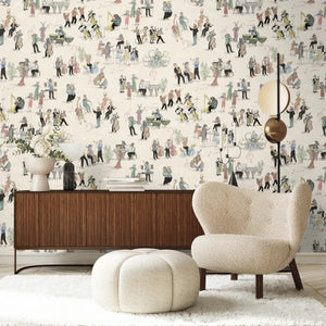 Instrumental wallpaper by Brand McKenzie in cream, musicians and instruments behind a sofa in a living room