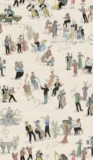 Instrumental wallpaper by Brand McKenzie in cream, detail of musicians and instruments