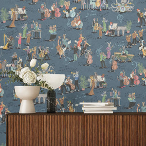 Instrumental wallpaper by Brand McKenzie in grey, musicians and instruments on a living room wall