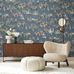 Instrumental wallpaper by Brand McKenzie in blue, musicians and instruments in a living room