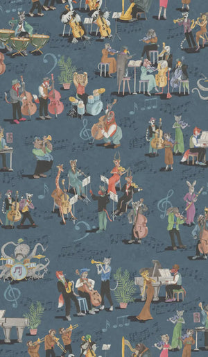 Instrumental wallpaper by Brand McKenzie in blue, close view of musicians and instruments
