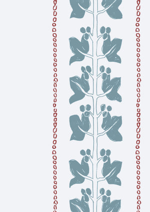 Ivy velvet by Annika Reed in blue and red, roll showing ivy trails and stripes