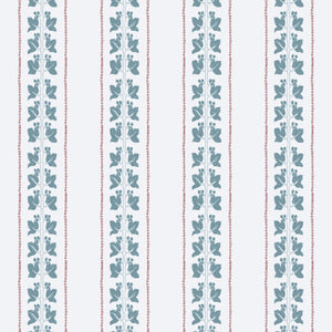 Ivy wallpaper by Annika Reed in blue and red, full repeat of ivy trails and stripes