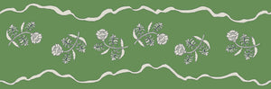 Jaipur border wallpaper by Parker and Jules in green, flat sample of a trailing flower border