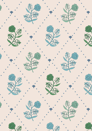 Jaipur wallpaper by Parker and Jules in cream and teal, flat sample of block-print flowers on a trellis