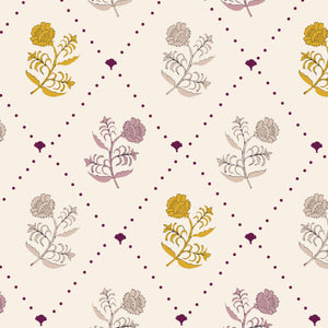 Jaipur wallpaper by Parker and Jules in cream and yellow, full repeat of block-print flowers on a trellis