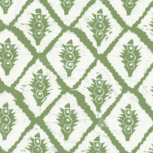 Jaipur wallpaper by Annika Reed in green, full repeat of block-print medallions