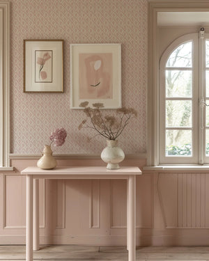 Jaipur wallpaper by Annika Reed in pink, block-print medallions in a hallway