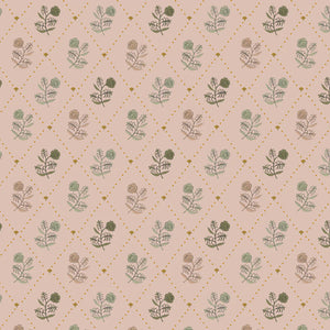 Jaipur linen by Parker and Jules in pink and green, full repeat of block-print flower sprigs